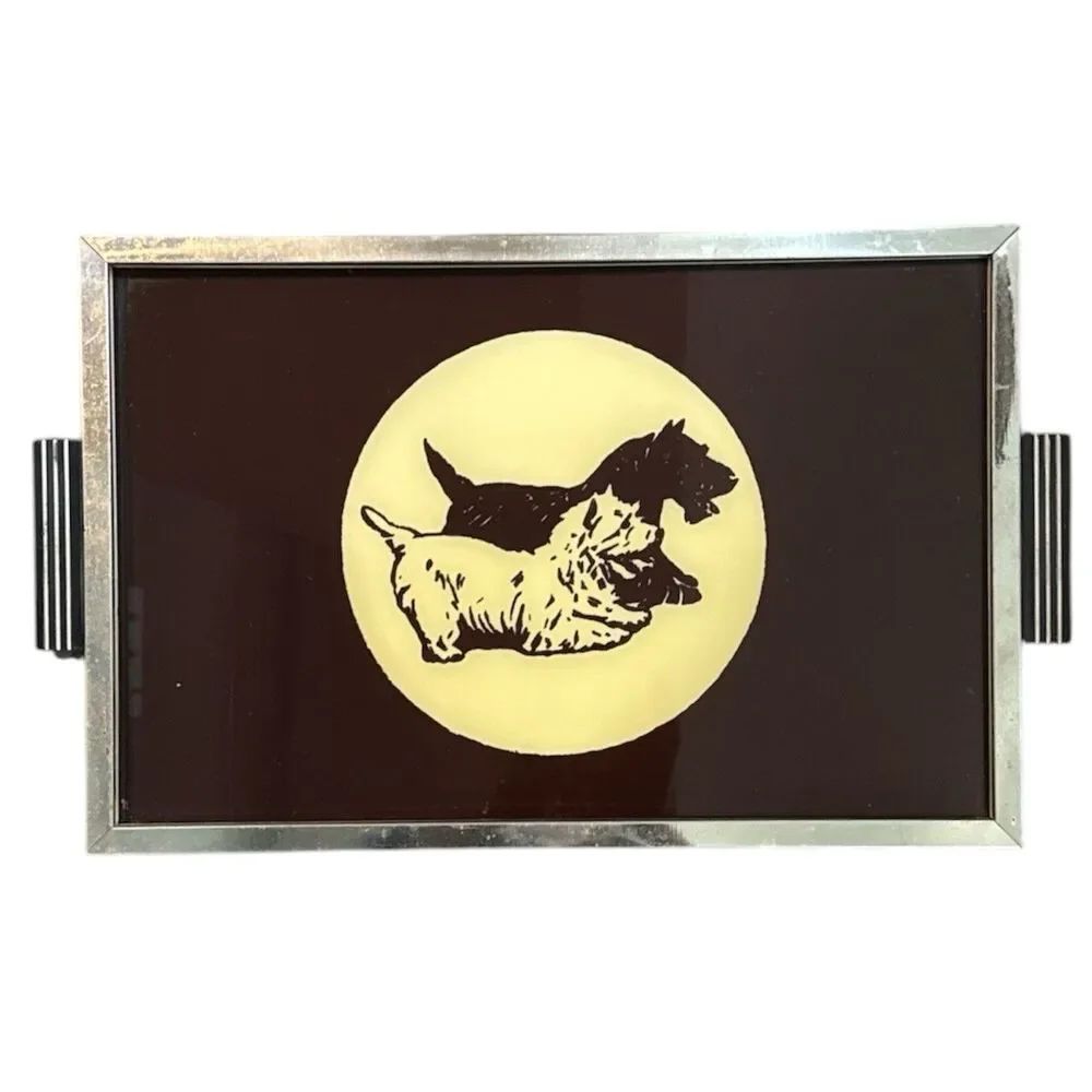 Vintage Art Deco Scottie Dog Serving Tray Black White Terrier Glass Cocktail